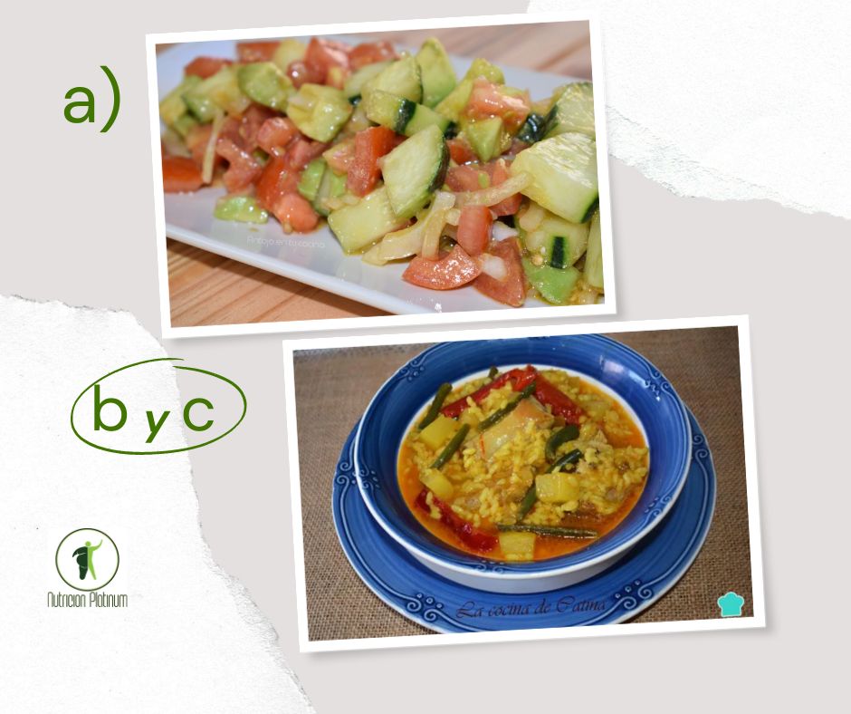 Ensalada de pepino, tomate y aguacate con arroz gitano con cerdo y cordero